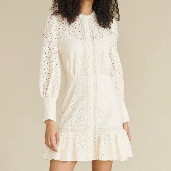 Veronica Beard Hilda Lace Mini Dress Ivory Long Sleeve Boho Cottagecore 2 - Picture 2 of 16